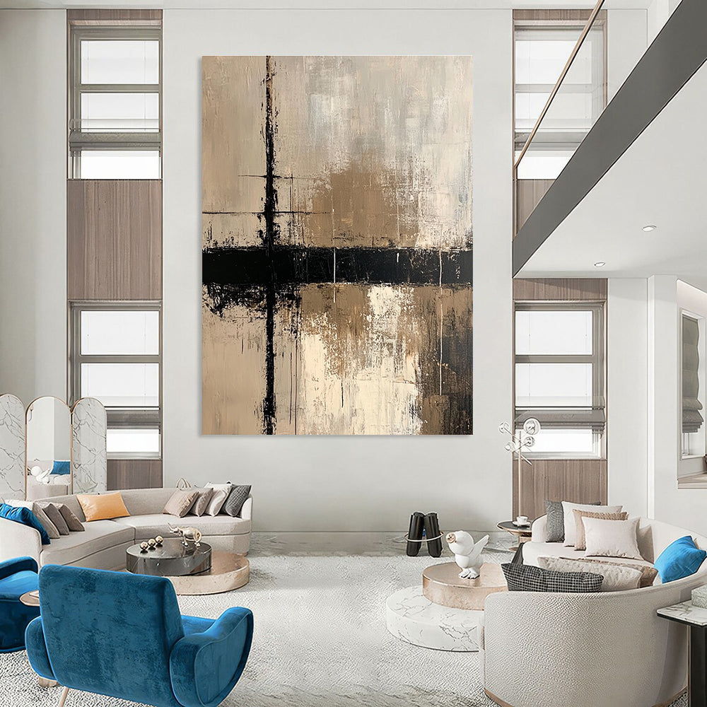 Large abstract painting with beige white and black lines on dark gray textured background featuring a prominent cross evoking tranquility and mystery.STSC437