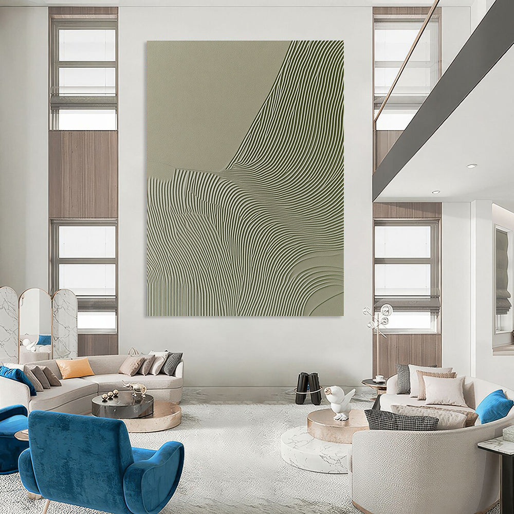Abstract artwork featuring wavy lines on a gray background with organic shapes in beige and green evokes an elegant natural aesthetic for interior design.STSC998