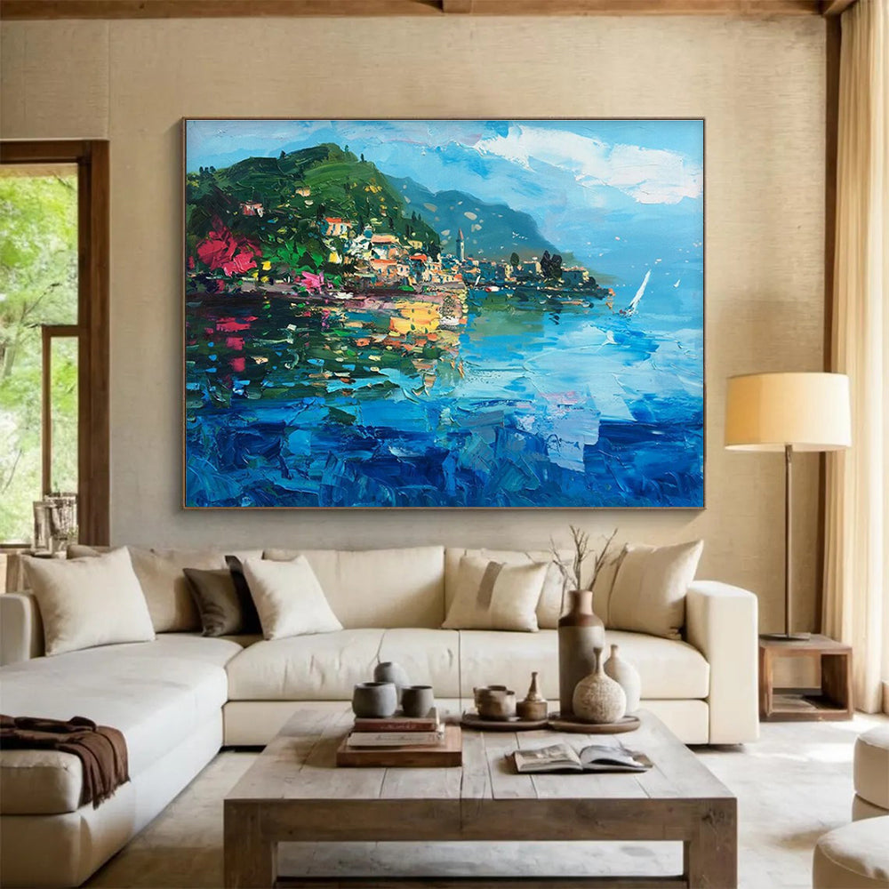 Blue Green Pink Lakefront Village Painting THY487