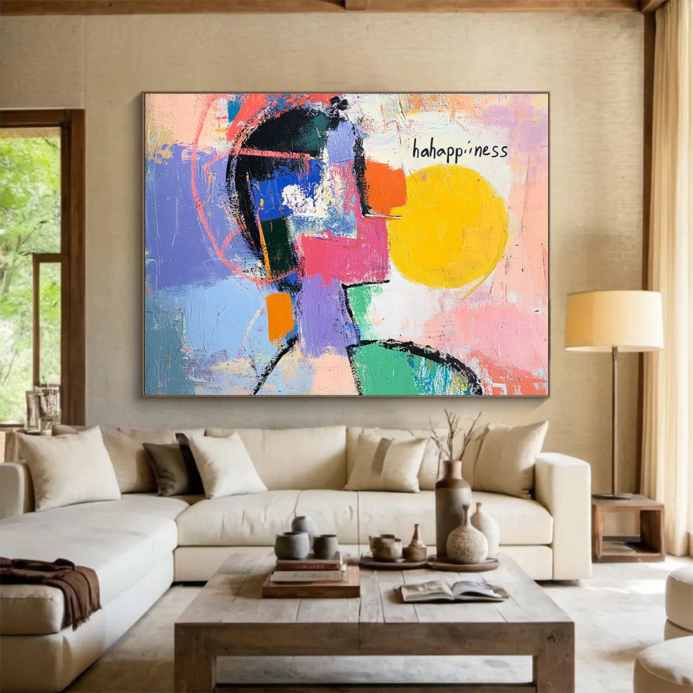 Large abstract painting showcasing vibrant colors with a bright circle silhouette and expressive lines conveying movement and emotion, featuring happiness in white ink.SC359