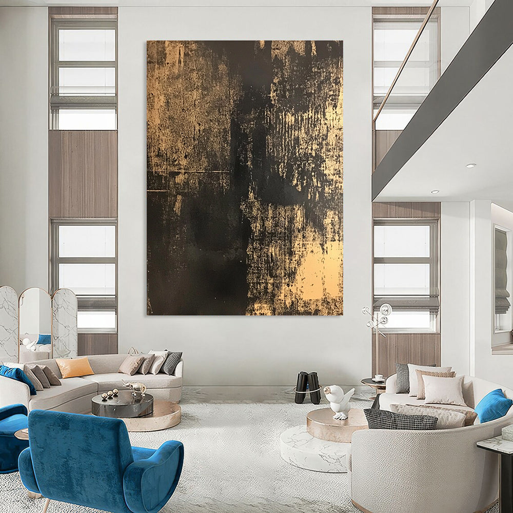Abstract painting in black and gold on distressed dark brown canvas showcasing intricate details and subtle patterns reminiscent of traditional Chinese art.STSC855