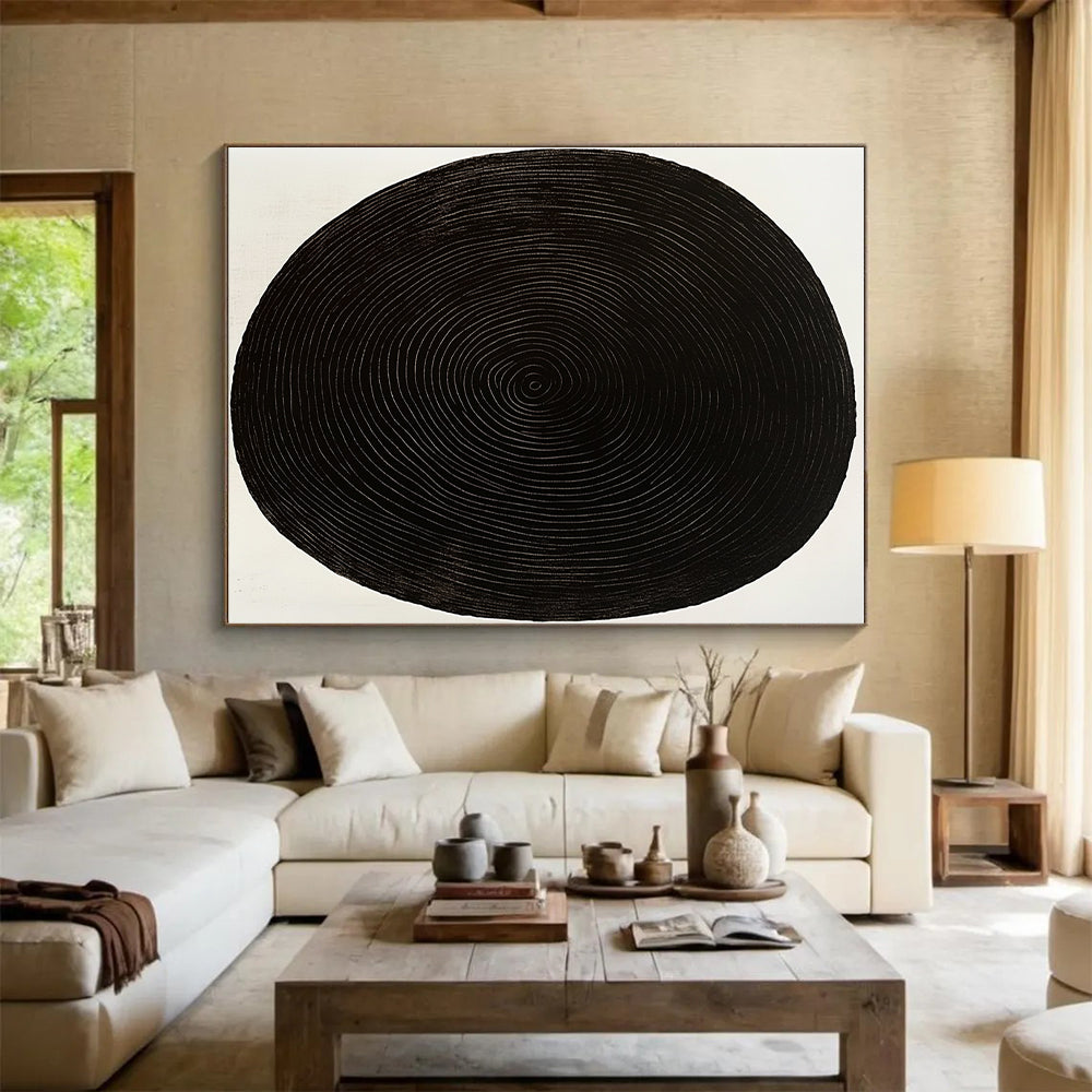 Black Oval with White Rings Abstract Painting on White Background GER021