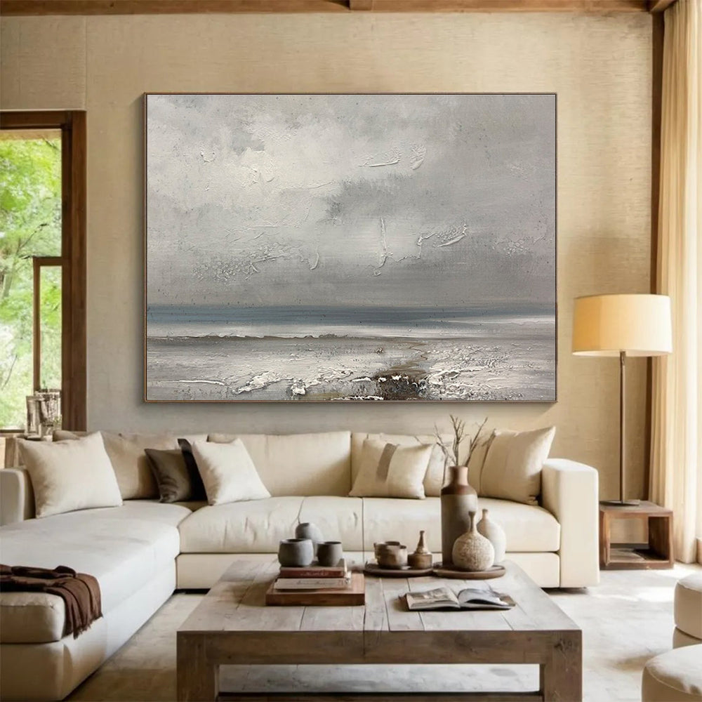 Grey Coastal Landscape Abstract Painting with Textured Layers THY267