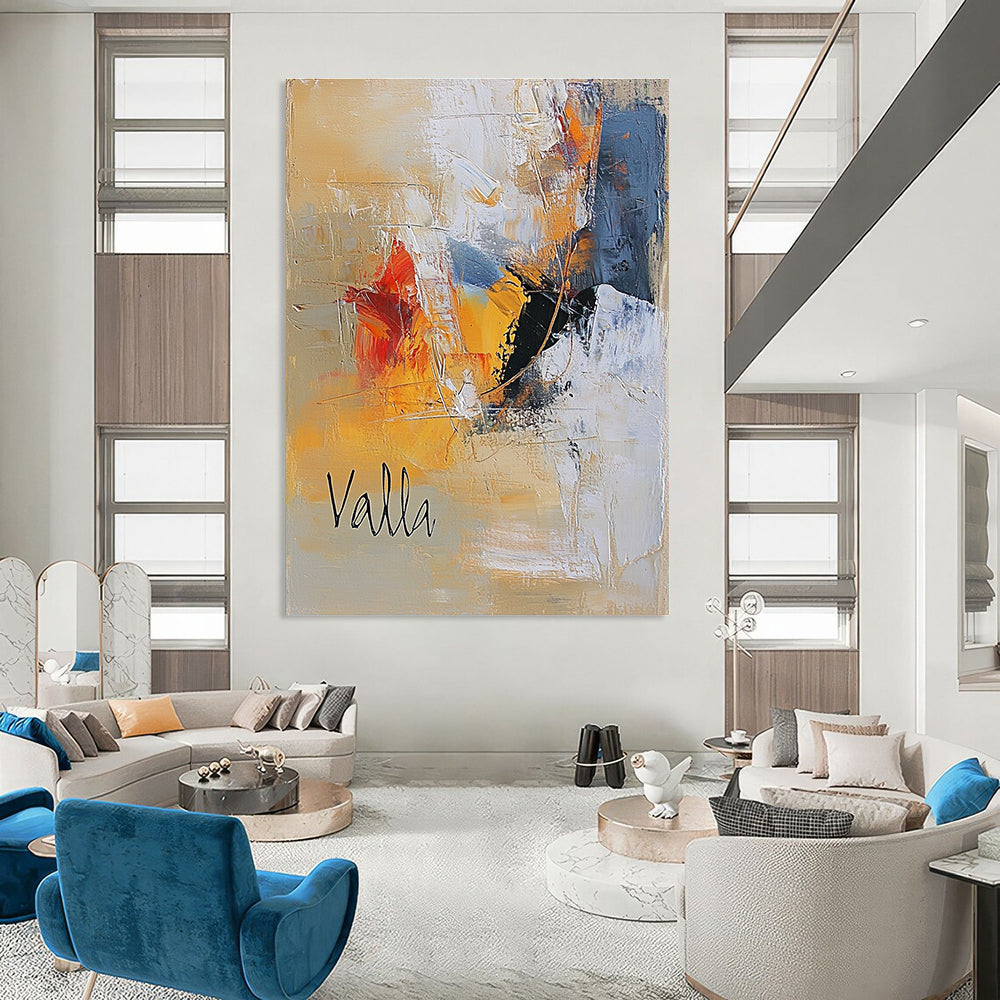 Large abstract oil painting in warm beige and cool whites features cursive "Valla" with textured brushstrokes and two happy figures in black attire.STSC580