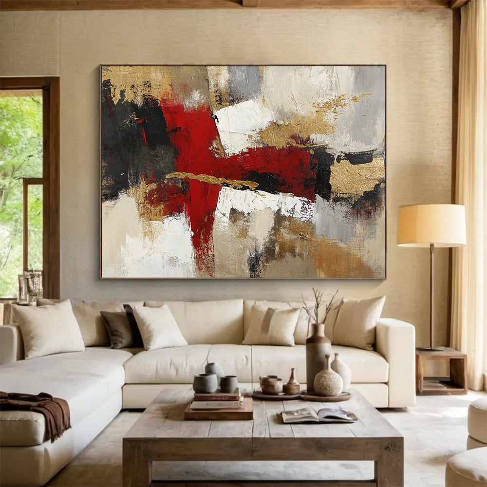 A large abstract painting with red white and brown tones featuring organic layers textures and a blend of realism and abstraction.SC381