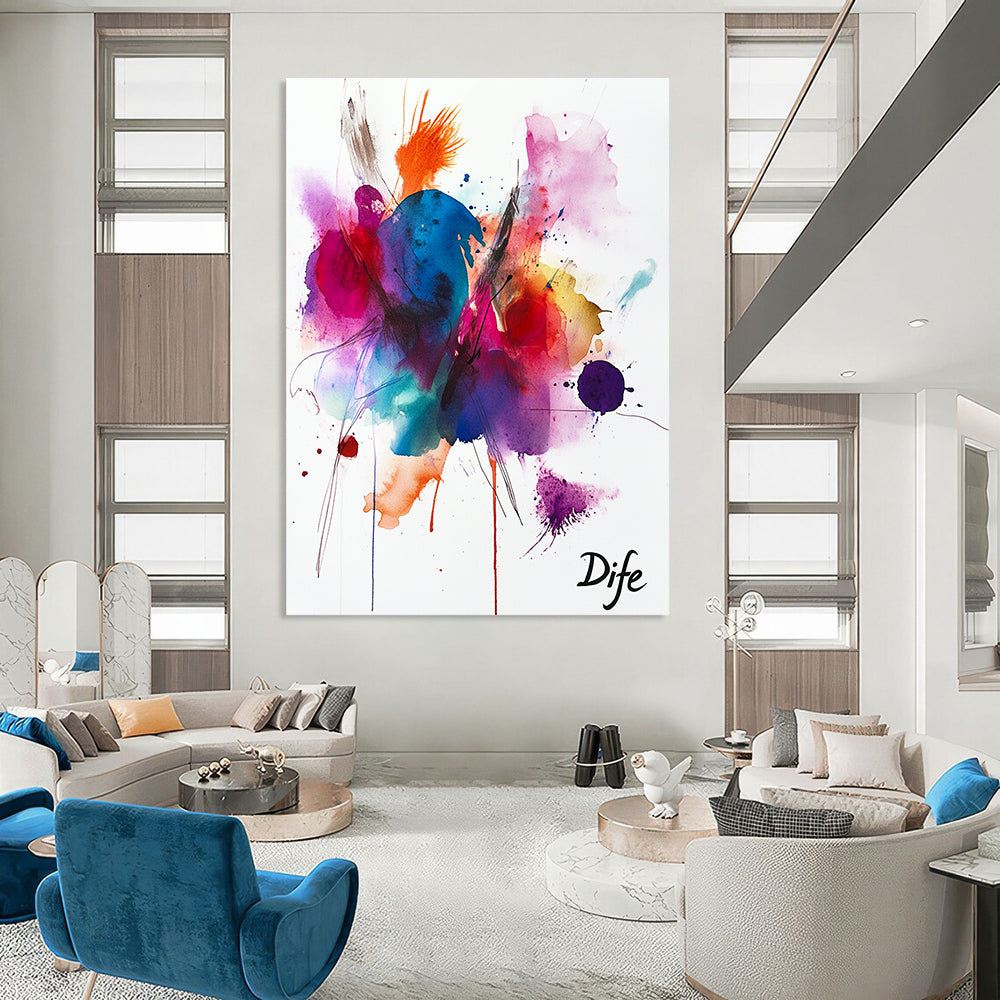 Large abstract watercolor with vibrant colors and expressive strokes featuring joyful organic shapes and textures radiating positivity and creativity.STSC1047