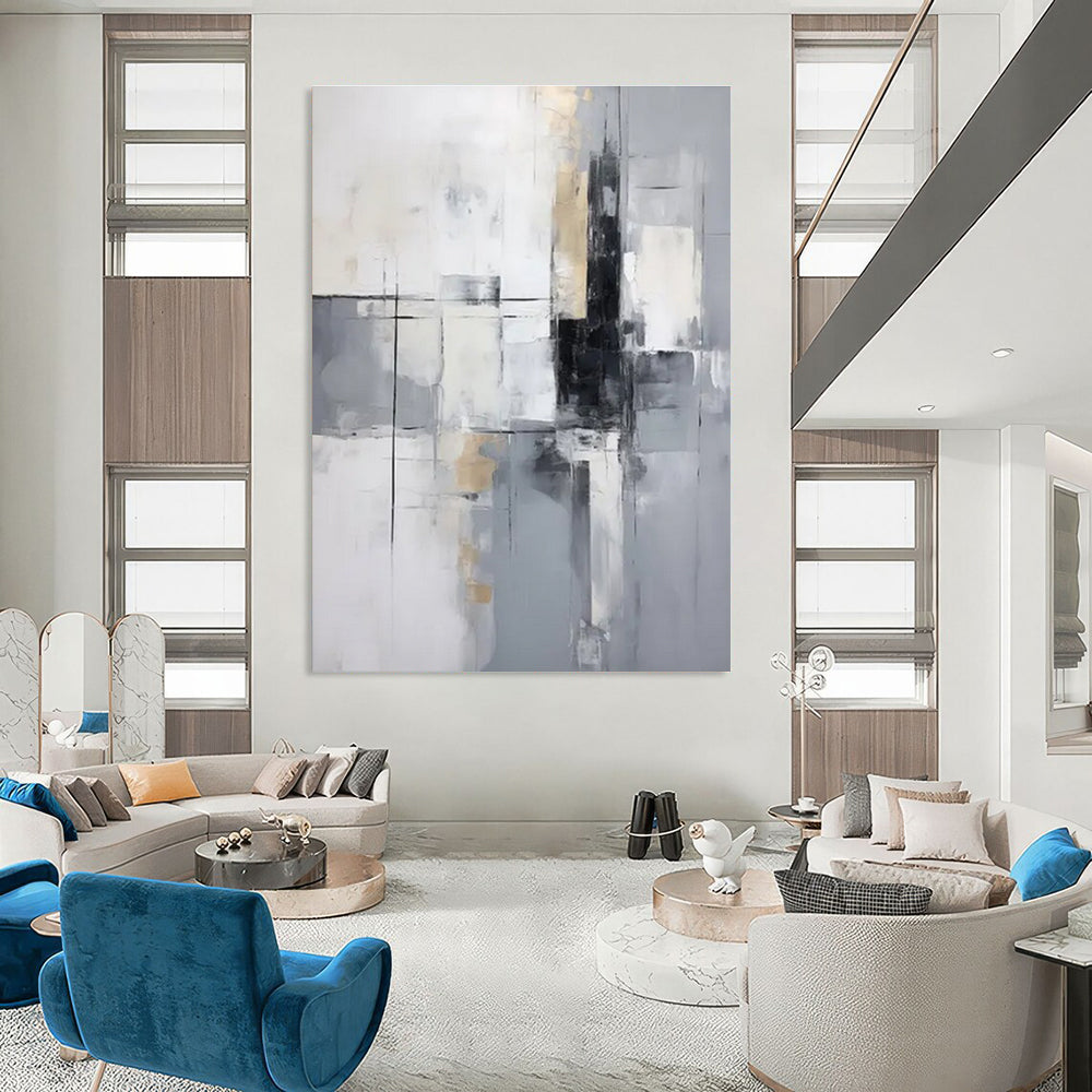 Gray and Gold Geometric Abstract Painting with Black Accents ADGE138