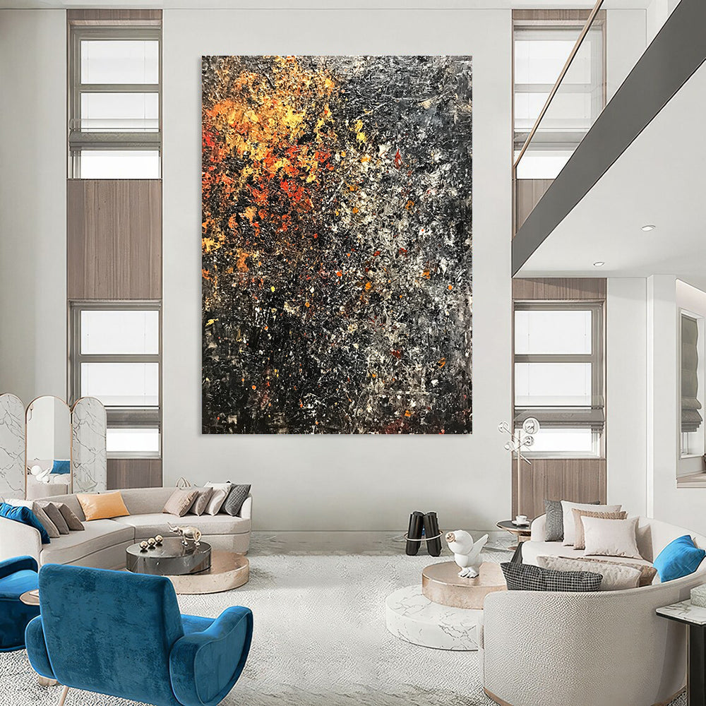 Abstract painting with dark colors and rusted metal featuring flowers and foliage on a textured background in vintage oil on canvas.STSC625