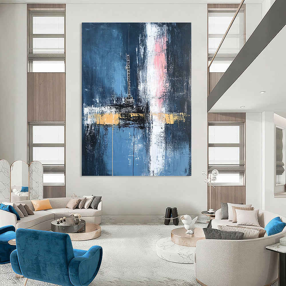Large abstract painting depicting an oil rig in dark blue and white with hints of pink and yellow featuring loose brush strokes.STSC656