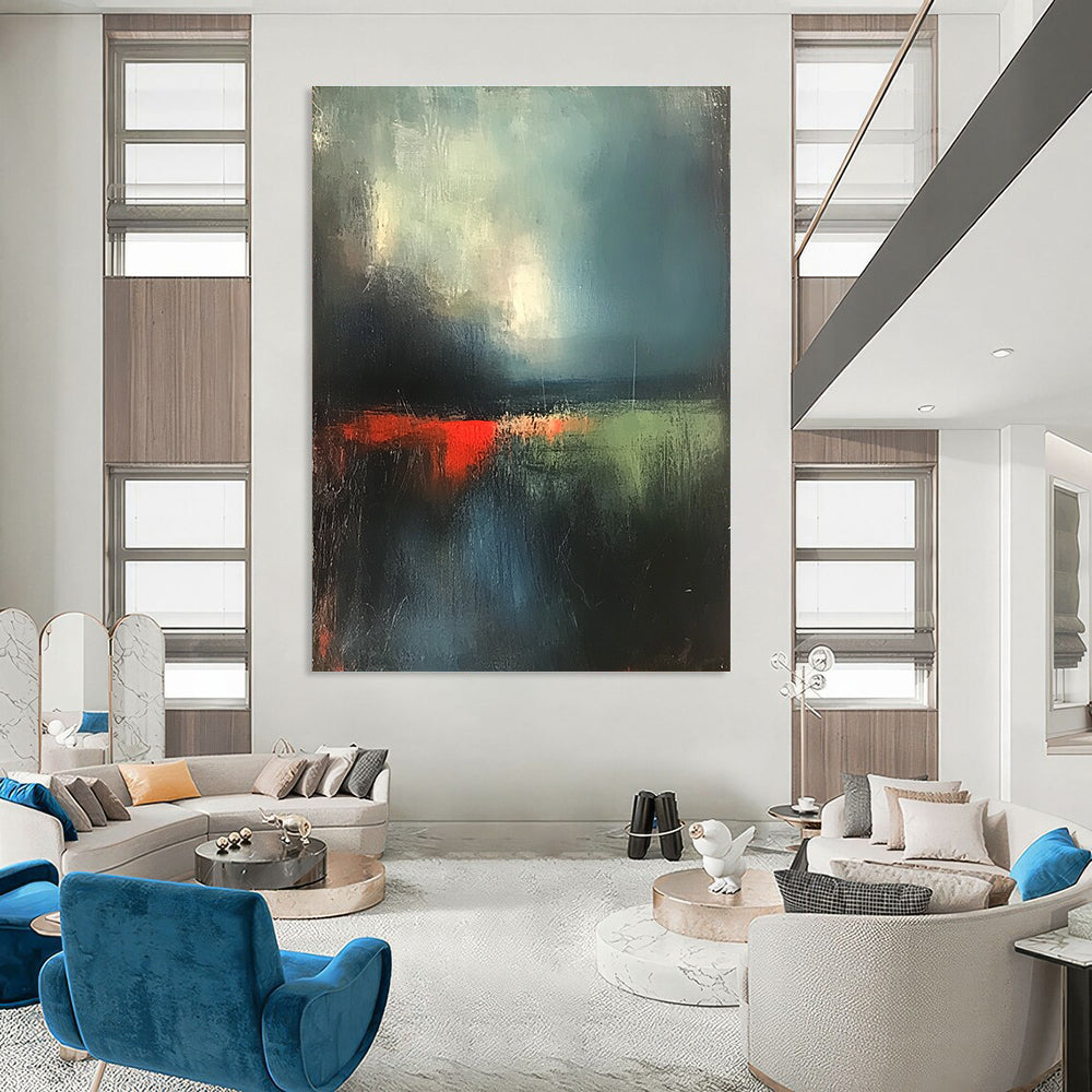 Abstract painting of the English landscape featuring dark green sky and atmospheric clouds with red lighting and soft textures using thick brush strokes.STSC702