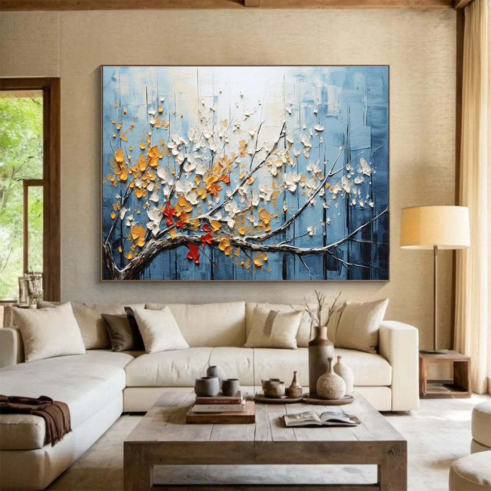 Textured Tree Abstract Painting with Blue, White, and Yellow Tones THY160