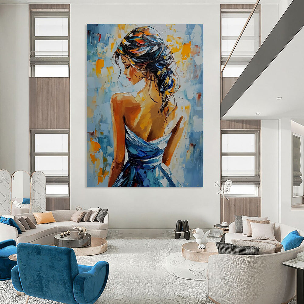 A large abstract painting featuring a woman in an elegant dress with vibrant colors and rich texture, capturing beauty and grace.STSC903