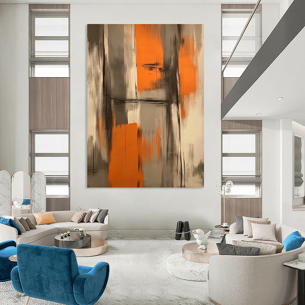 Large abstract painting featuring orange and gray brush strokes creating an atmospheric background perfect for a furniture exhibition inspired by Chinese aesthetics.STSC782
