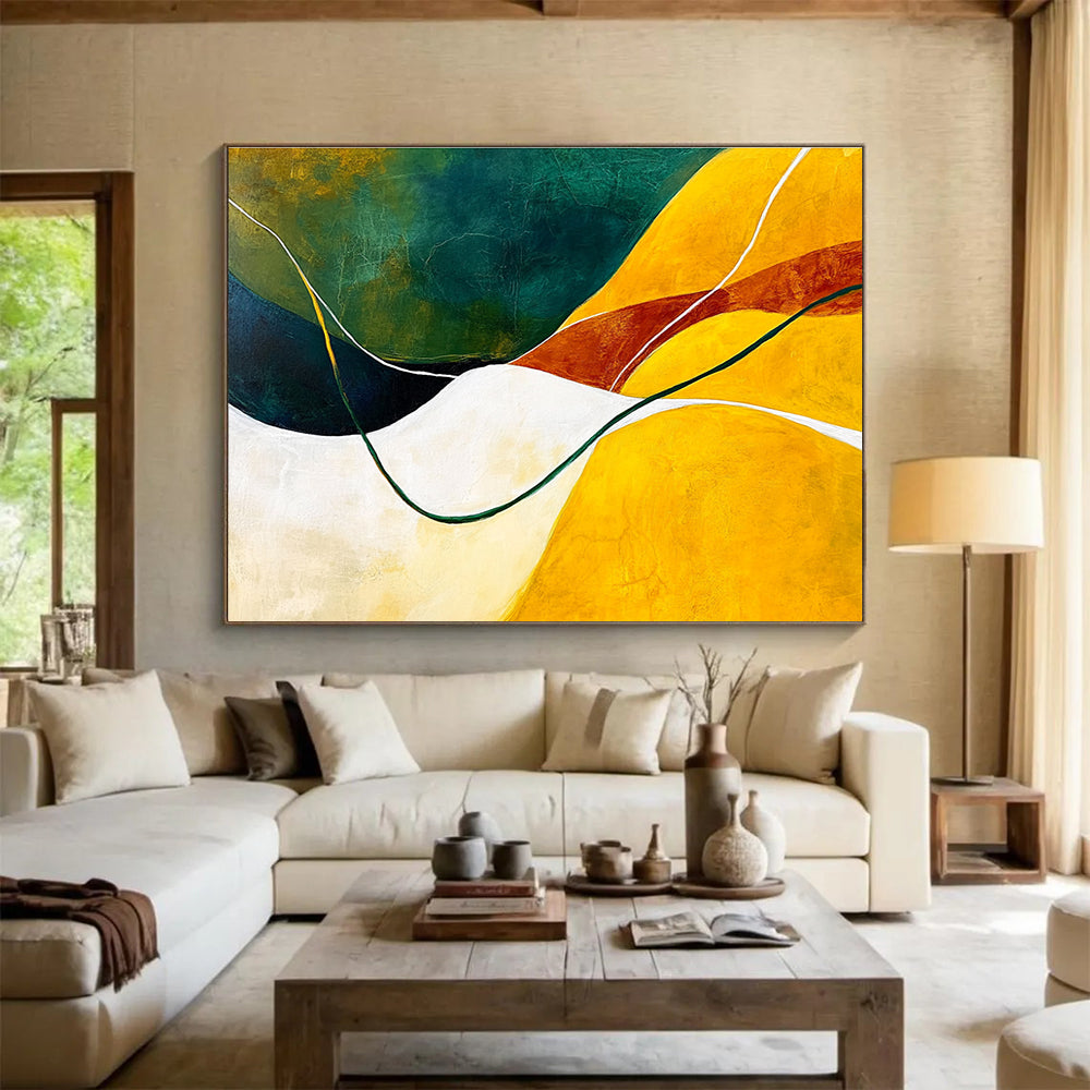 Large abstract painting featuring dynamic yellow green and white lines conveying movement and depth inspired by the beauty of nature.SC268