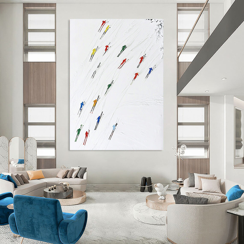 A large abstract painting featuring colorful skiers dynamically moving across the snow capturing speed and vitality in a minimalist style.STSC986