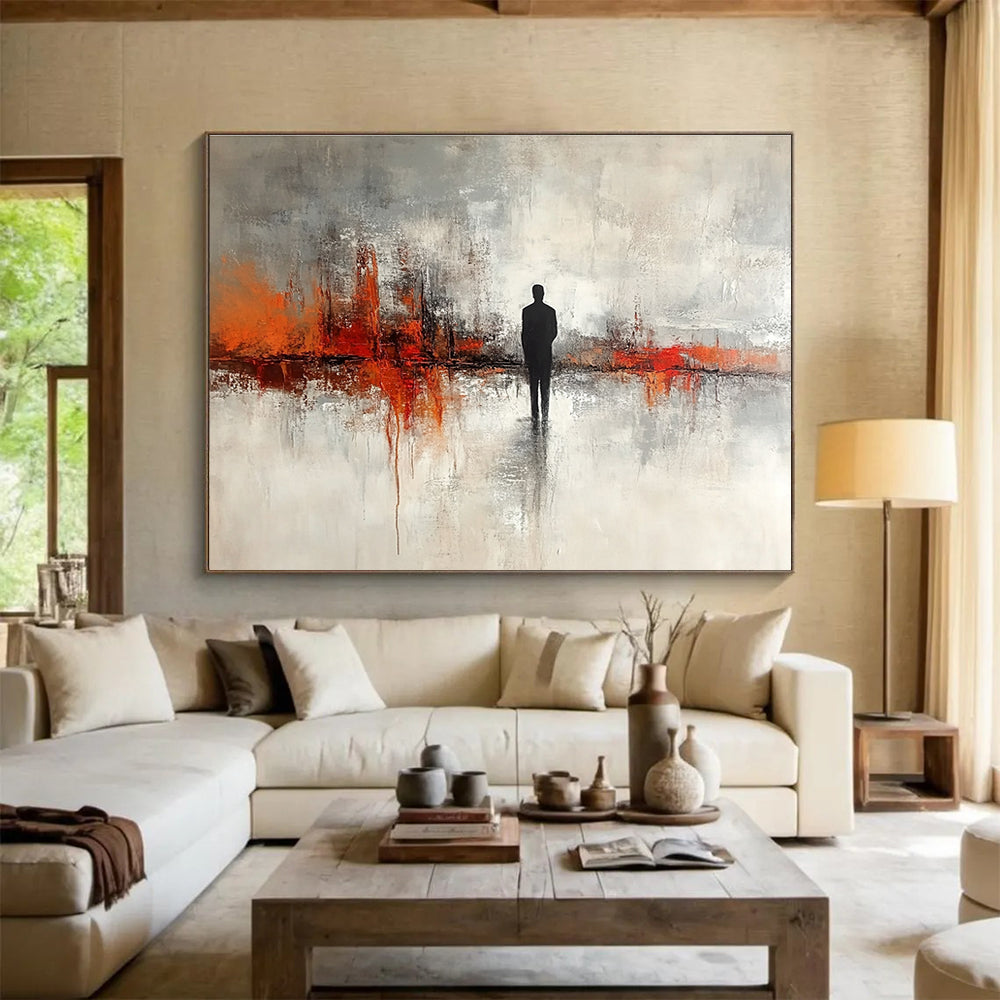 Silhouette in Abstract Landscape Painting with Gray and Orange DYP417