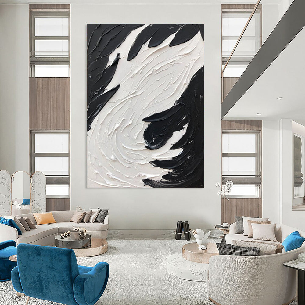 Black and White Bold Swirl - Textured Abstract Painting with Impactful Forms ADGE398
