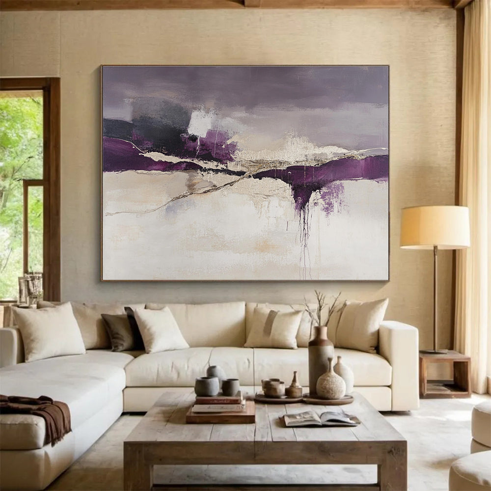 An abstract landscape features purple and beige tones with dark gray cracks in white paint, evoking a unique artistic atmosphere.SC316