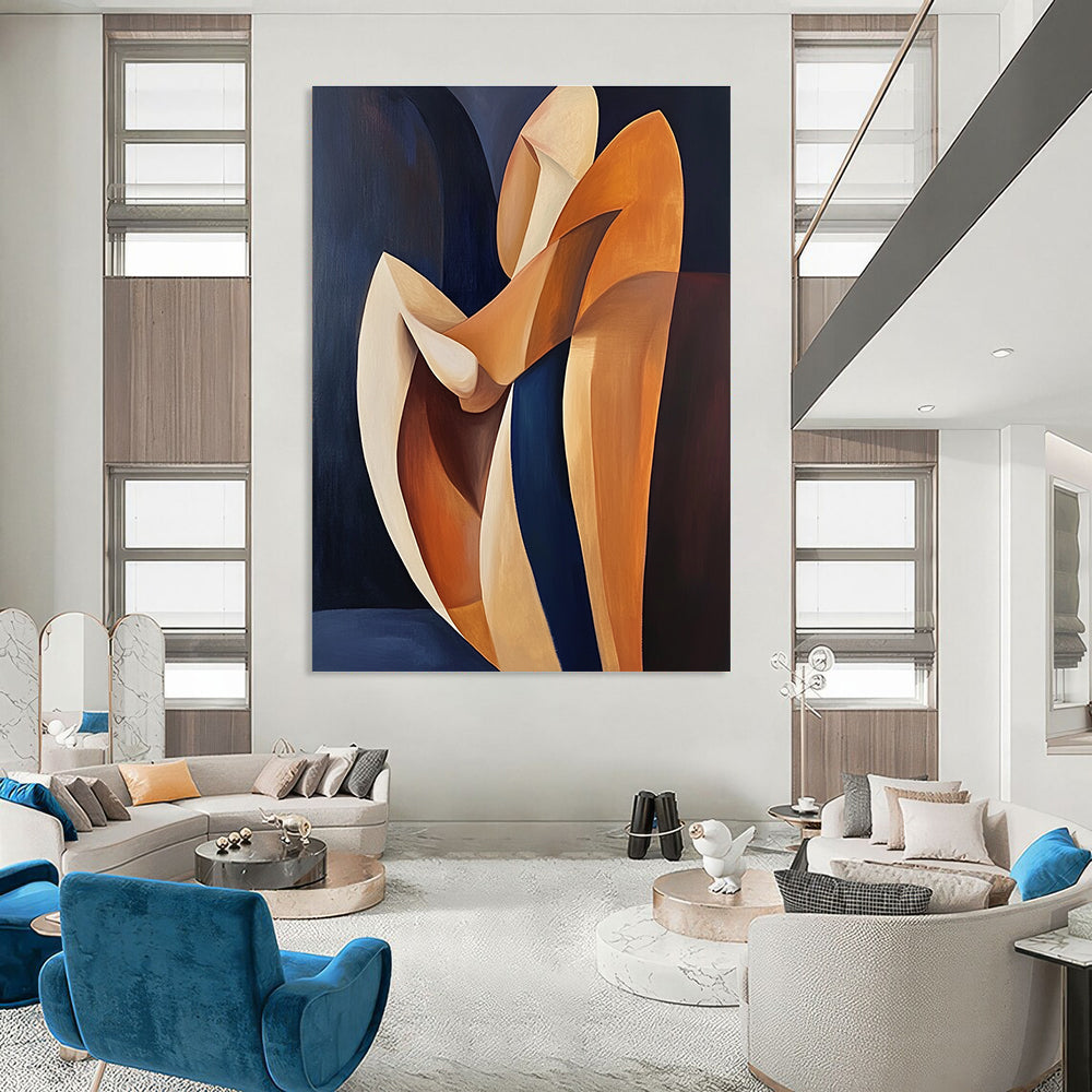 Abstract oil painting in Picasso style featuring orange and navy blue colors with a figure resting on wooden shapes and minimalist lines.STSC1372