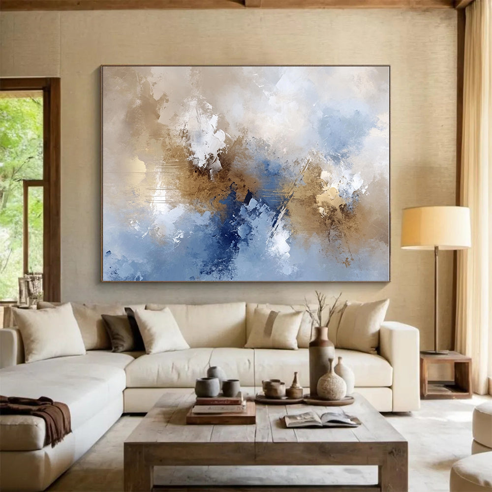 Blue Beige and Gold Abstract Painting with Flowing Textures GER662
