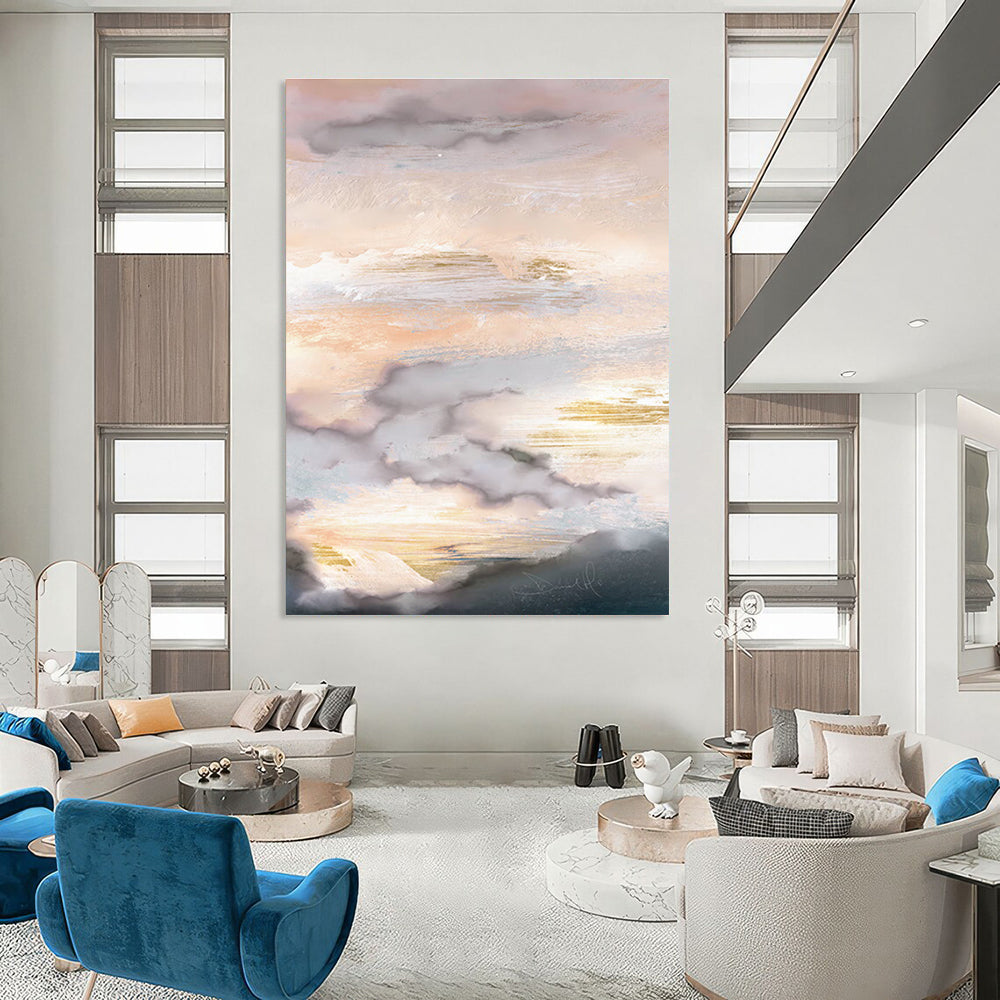 Blush Teal and Gold Cloud Abstract Painting ADGE166