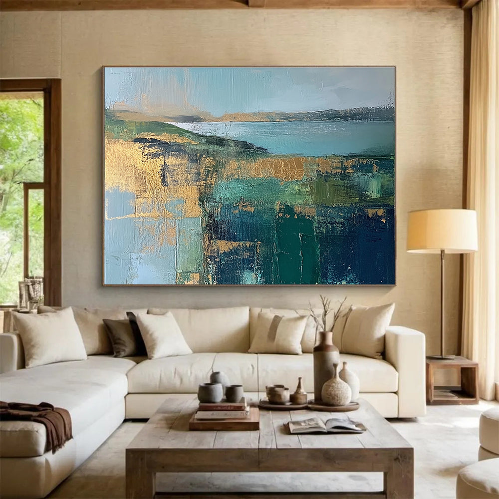 Blue Green Gold Landscape Abstract Painting with Geometric Textures DYP268