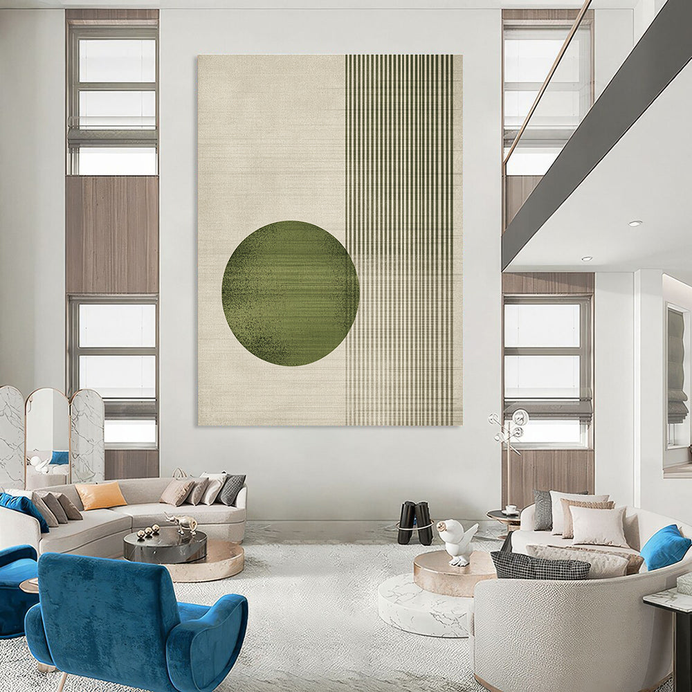 Large abstract painting featuring a round green circle and textured vertical lines in a light gray color scheme with natural earthy tones.STSC1328