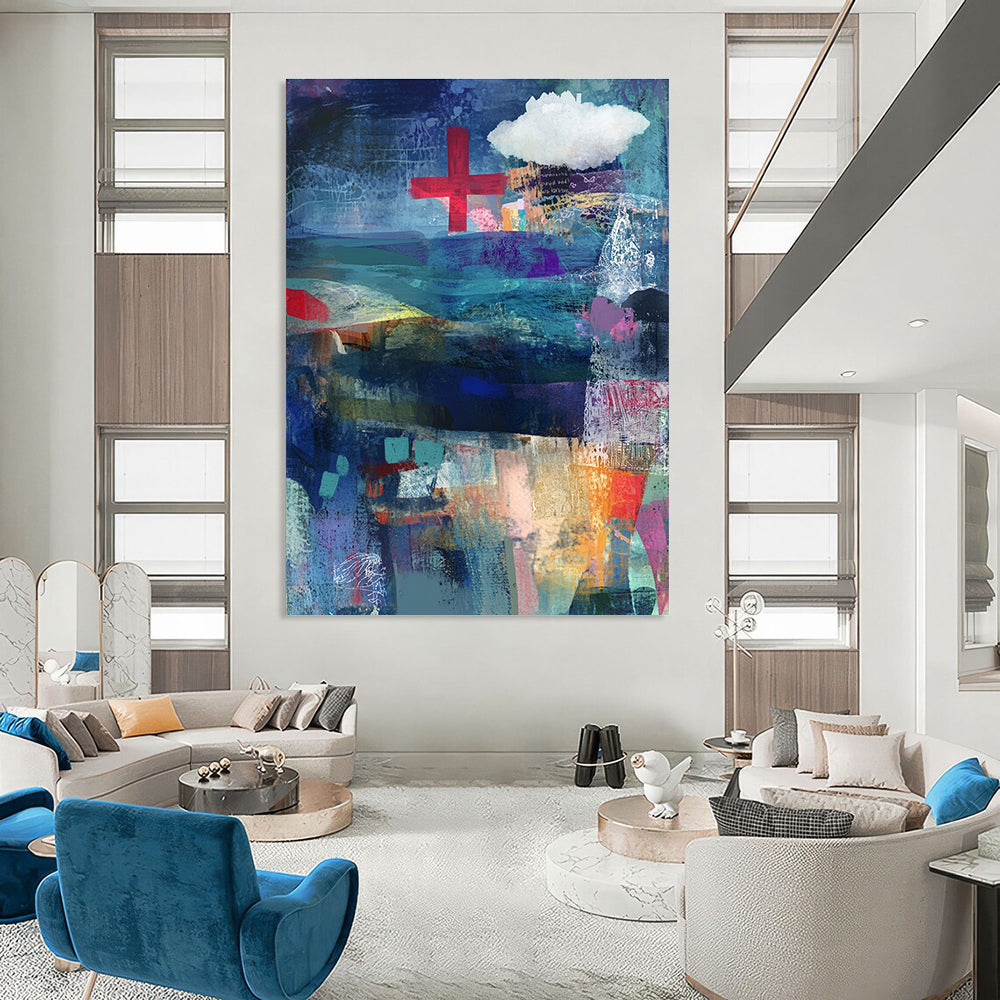 Abstract mixed media collage of the sea in blue and purple with a red cross and white cloud layered with fabric ribbons and watercolor splashes.STSC575