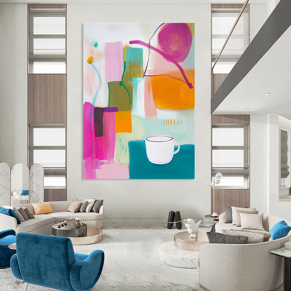 An abstract painting features vibrant pink green and yellow shapes with an orange object and a white cup on top alongside blue and purple lines.STSC787