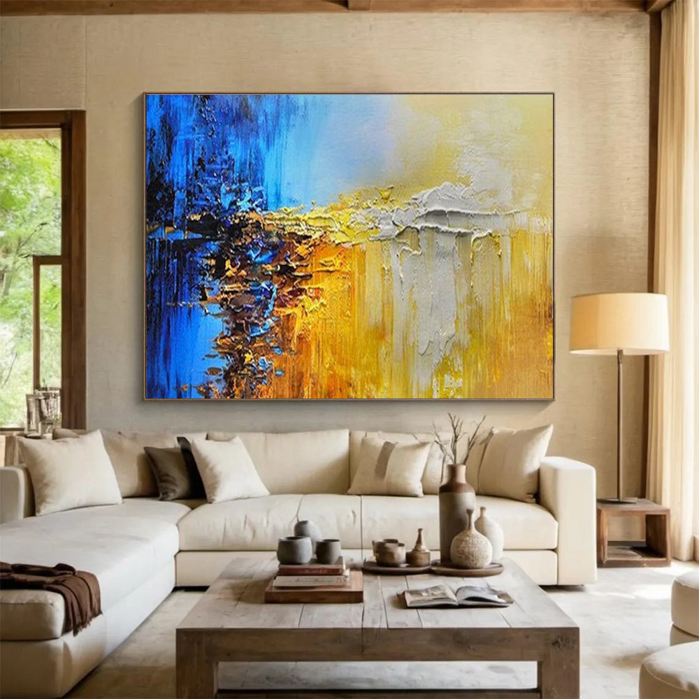 Color Block Abstract Painting with Blue, Yellow, and Grey Tones THY179