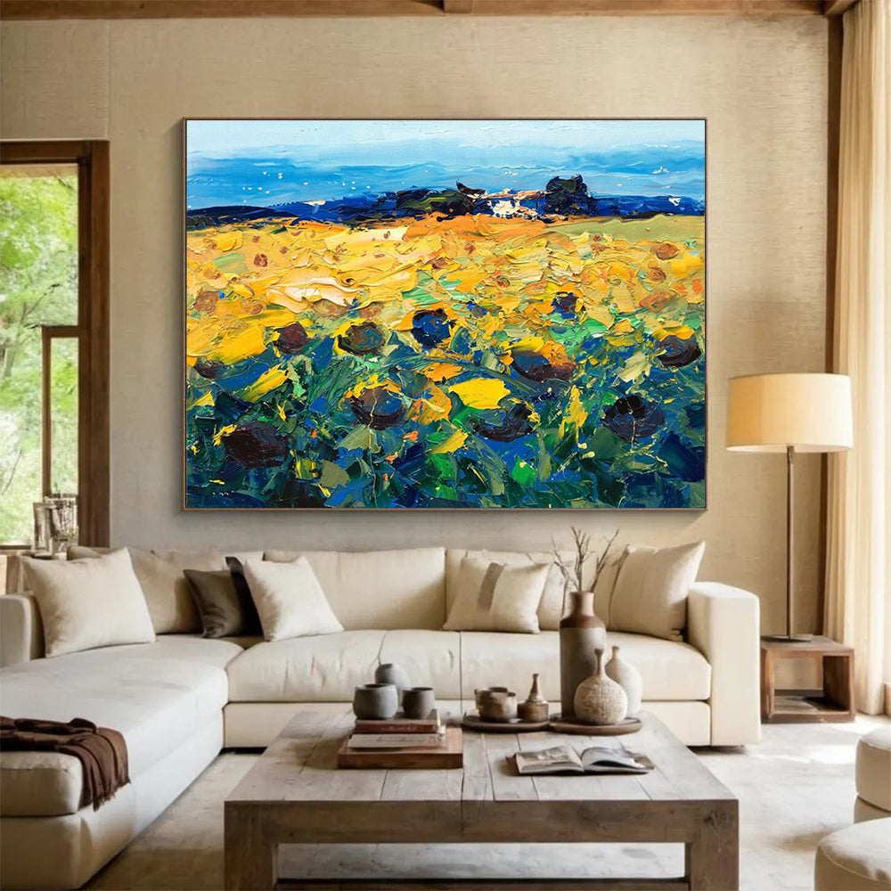 Yellow Blue Green Sunflower Field Painting THY485