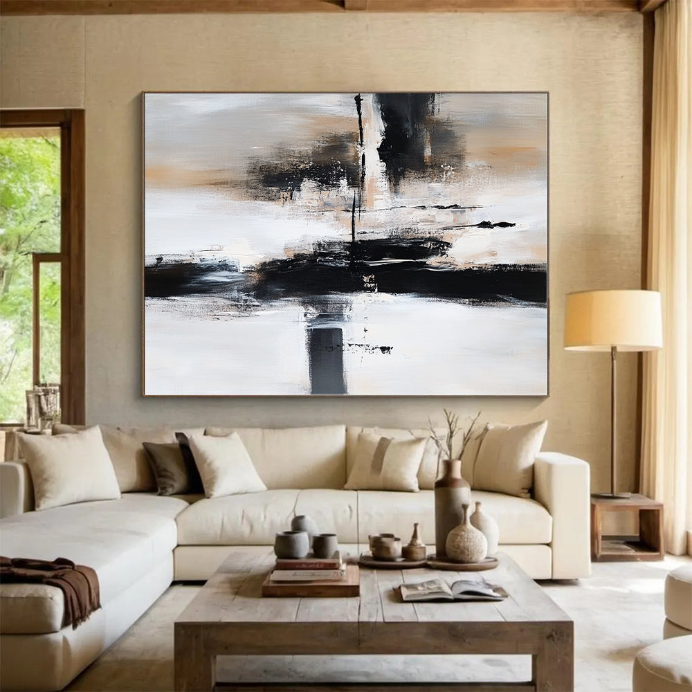 Black Beige and Gray Abstract Painting with Fluid Movements GER509