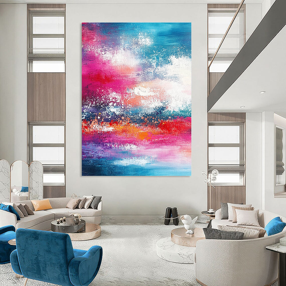 Large abstract painting featuring shades of red pink and teal with bold brush strokes of sky and sea in the background.STSC116