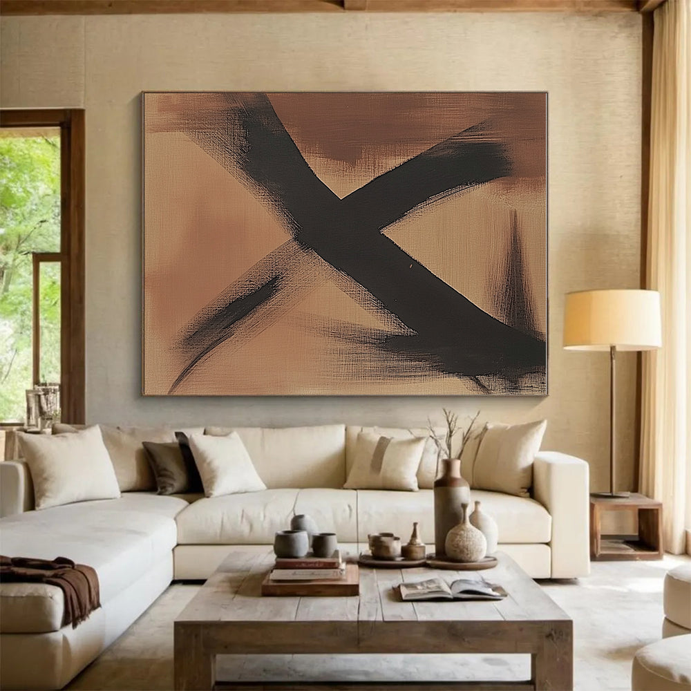 Brown and Black Abstract Painting with Minimalist Lines GER592