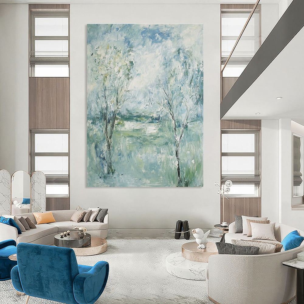 Large abstract painting featuring trees and grass under a blue sky with green and white clouds in an Impressionist style.STSC352