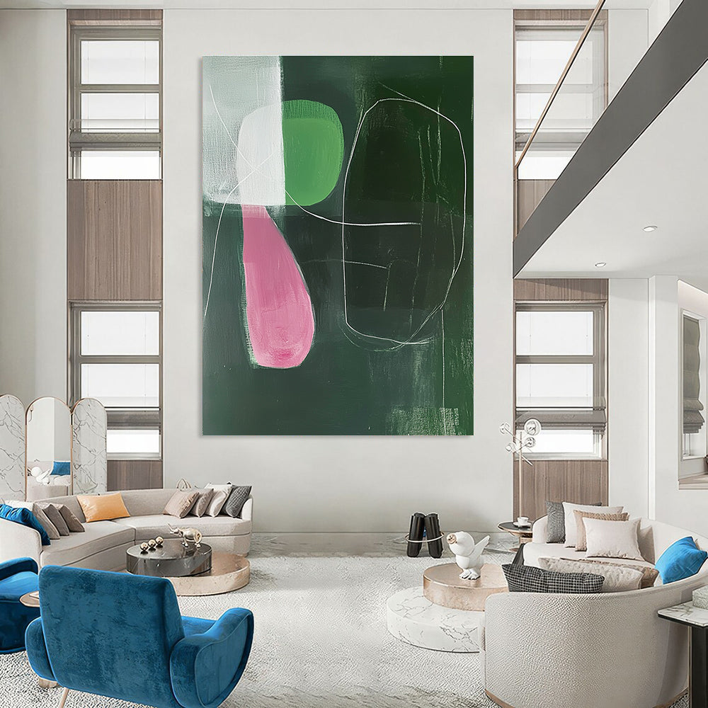 Large abstract painting featuring emerald and pink shapes with soft lighting and white lines in a minimalist Matisse-inspired style.STSC1298
