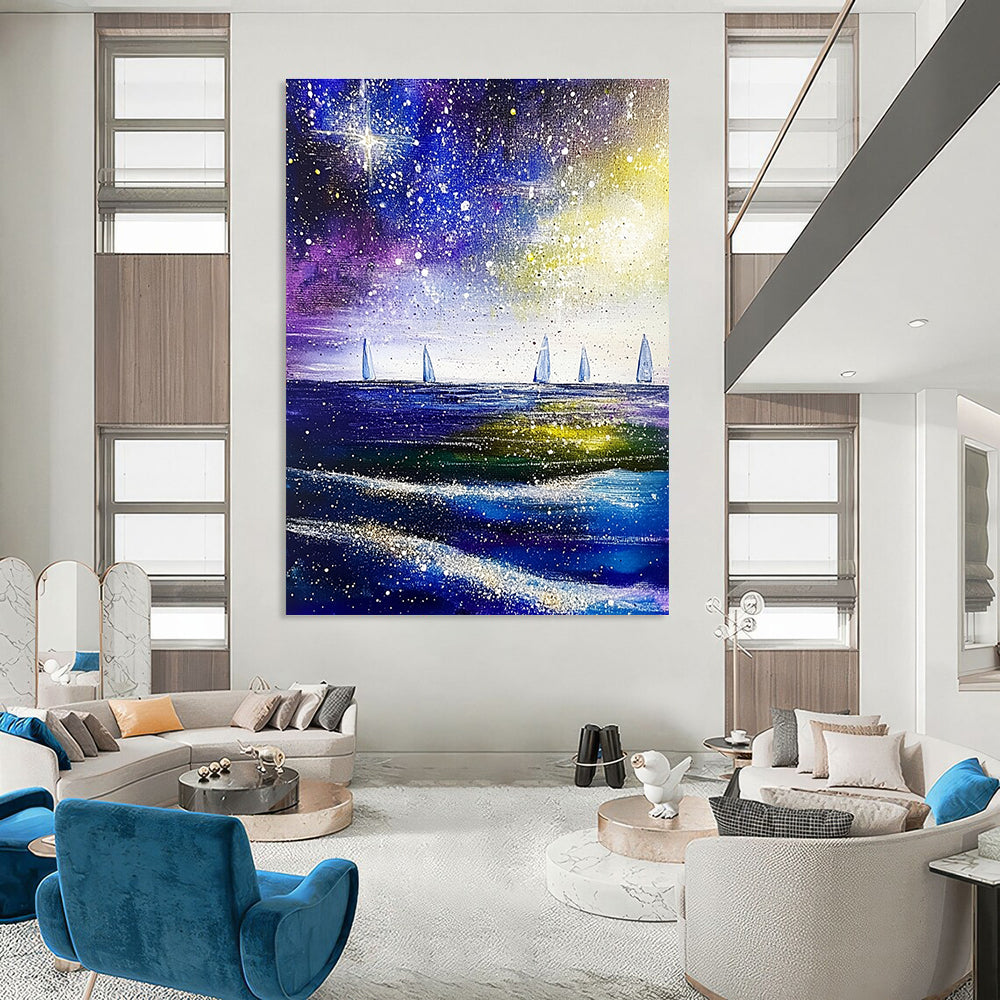 Large abstract painting of the sea and sky featuring stars and distant sailboats in vibrant shades of purple blue green and white.STSC852