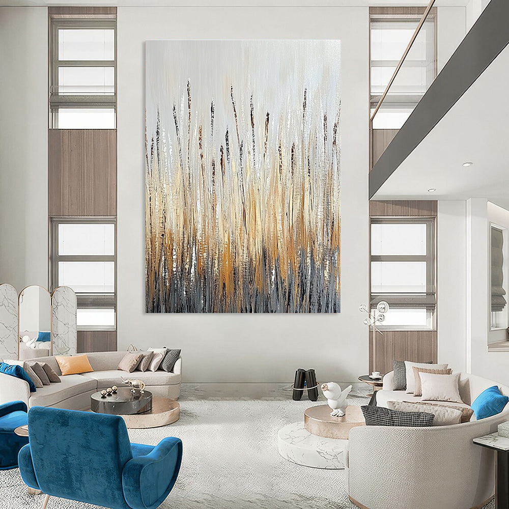 Large abstract painting of tall grass in earthy tones with textured brushstrokes and water droplets against a neutral gray background evoking nature's tranquility.STSC337