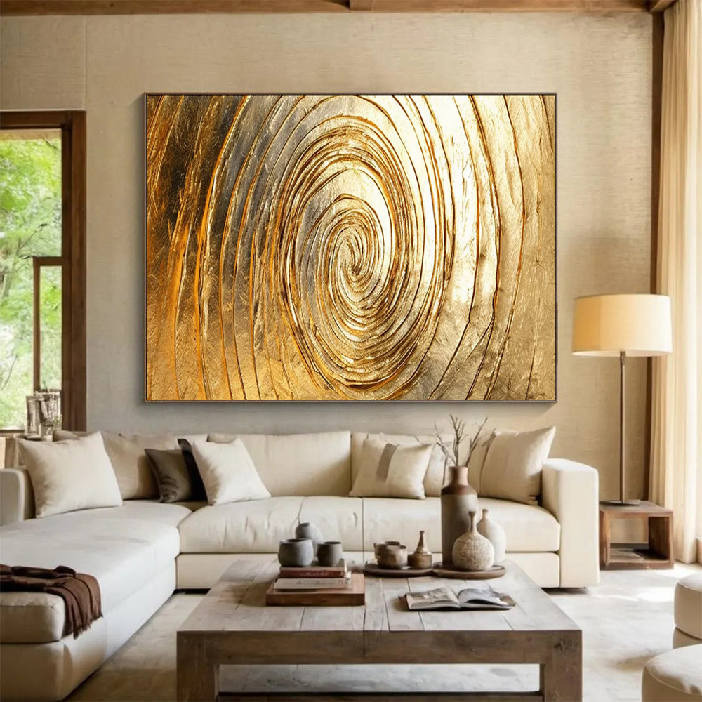 Golden Spiral Abstract Painting with Metallic Gold Tones THY167