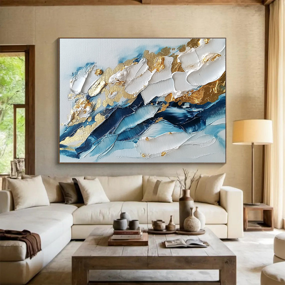 Blue White Gold Textured Abstract Painting with Thick Brushstrokes DYP260