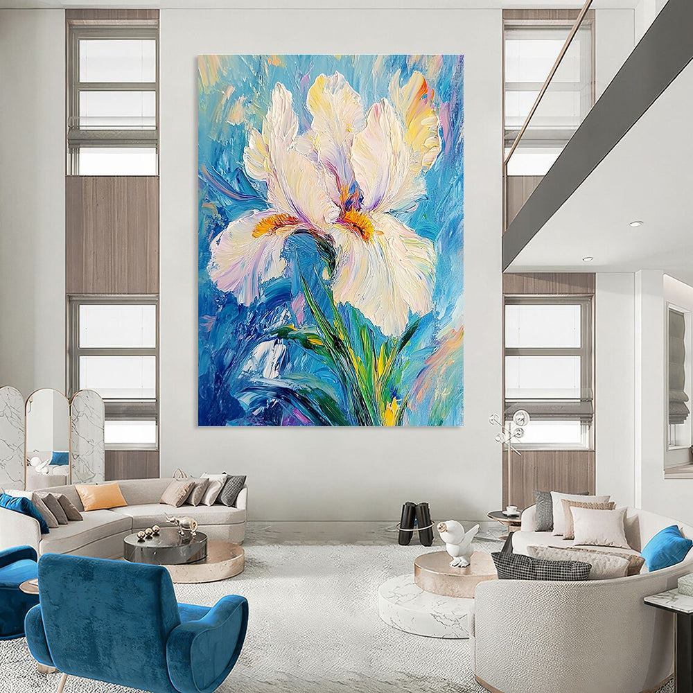 Abstract painting featuring a white iris flower on a blue background with delicate petals vibrant hues and a tranquil elegant composition.STSC1384