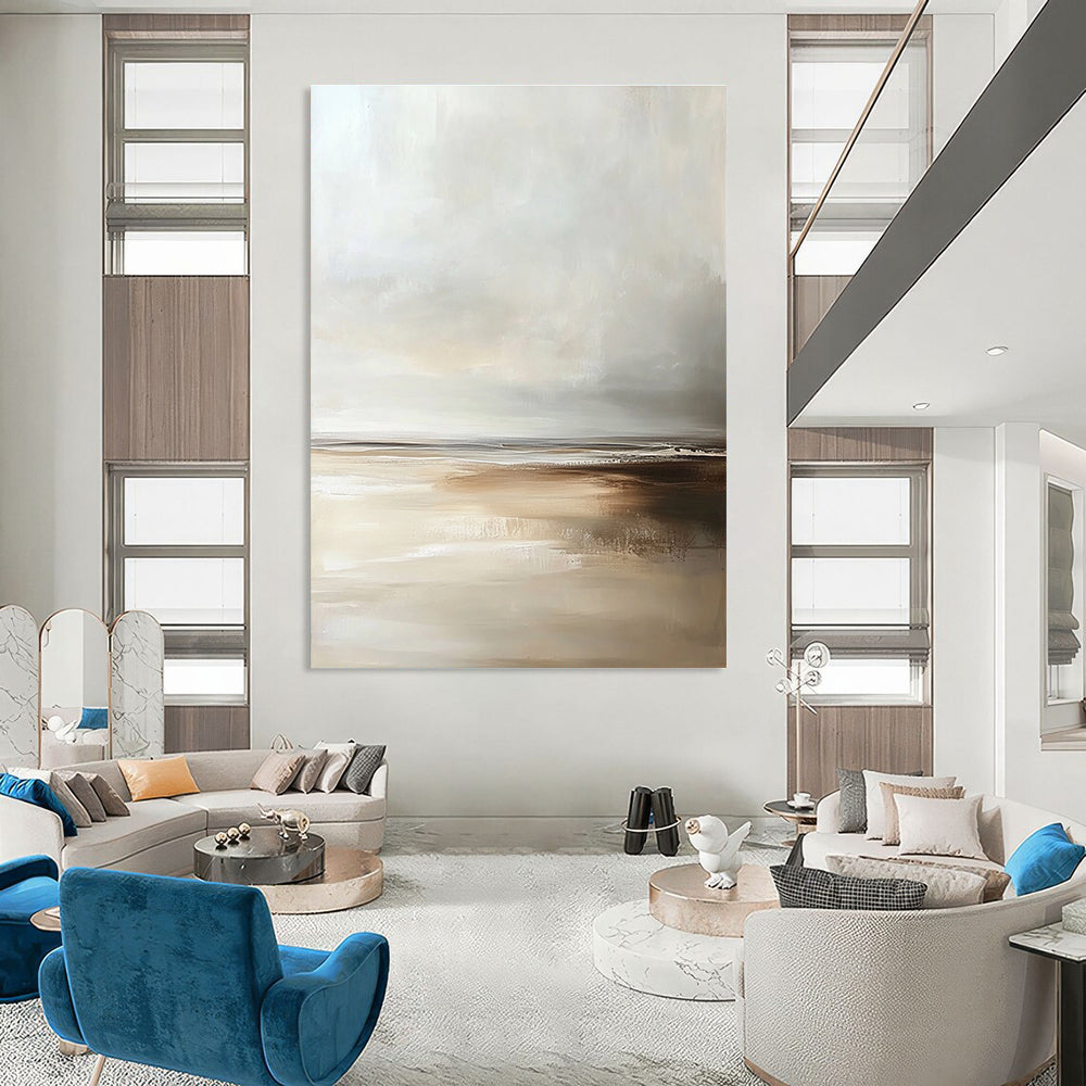 Large Abstract painting depicting a beach scene in muted tones with soft focus and an emphasis on enchanting light at the horizon.STSC018