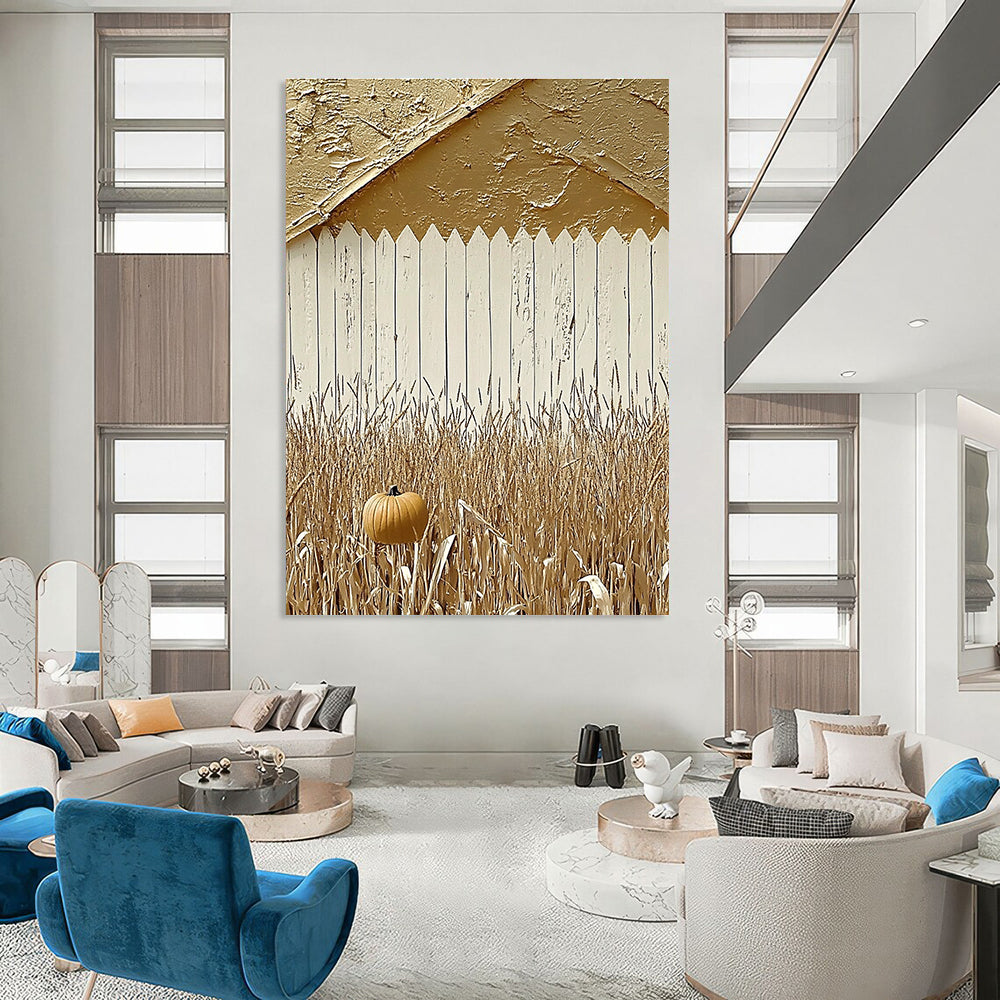 Large Abstract Painting Featuring Autumn Red Barn White Fence Pumpkins and Corn Fields Ideal for Photography Backdrop.STSC890