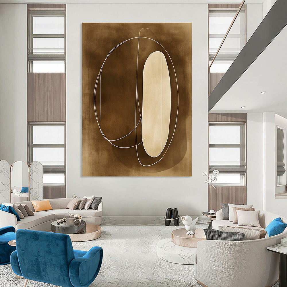 Large abstract painting with sepia tones featuring soft lines organic shapes outlined in white enhancing simplicity and elegance.STSC484