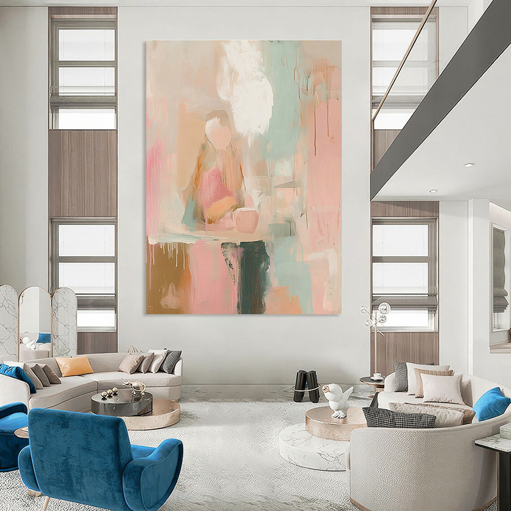 Abstract painting in soft pinks whites and sage green with loose brush strokes and vintage graffiti text evoking dreamy nostalgia and serene calmness.STSC805