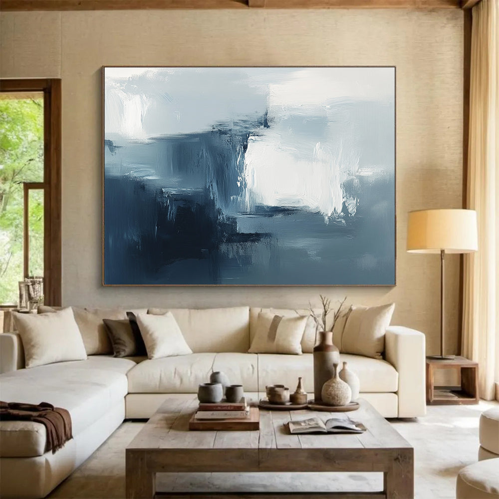 Large abstract painting with soft brushstrokes and a dreamy atmosphere featuring cool tones and minimalistic design elements to create a sense of mystery.SC232