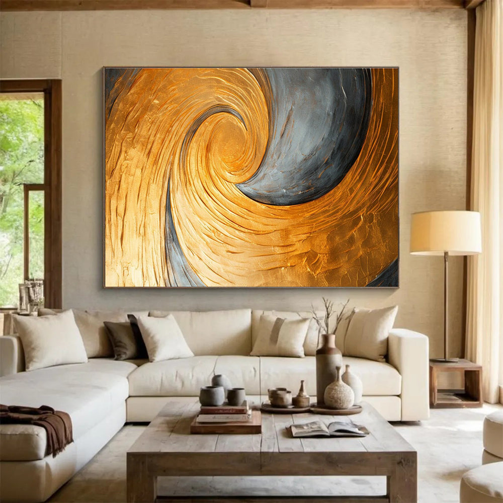 Gold and Grey Spiral Abstract Painting with Metallic Gold and Grey Tones THY176