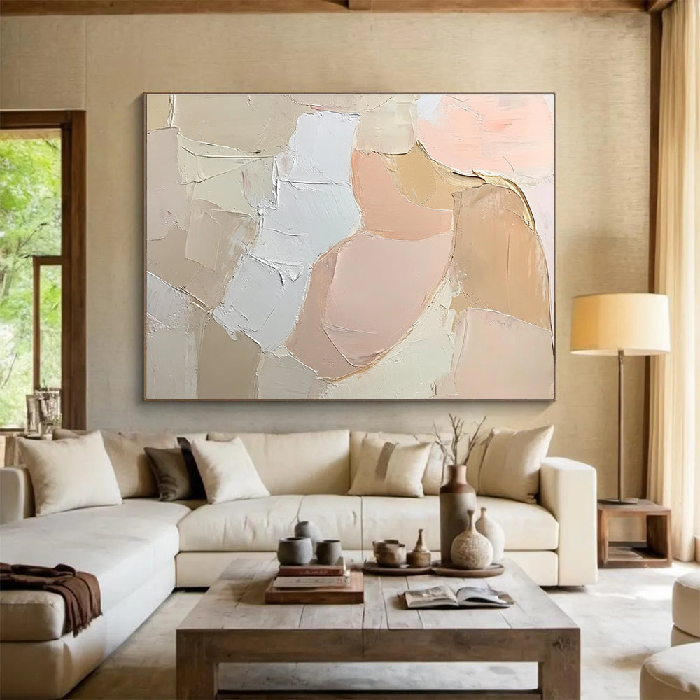 Large abstract painting featuring soft pink tones and textured brush strokes, presenting a free-flowing form of an abstract woman against a neutral background.SC103