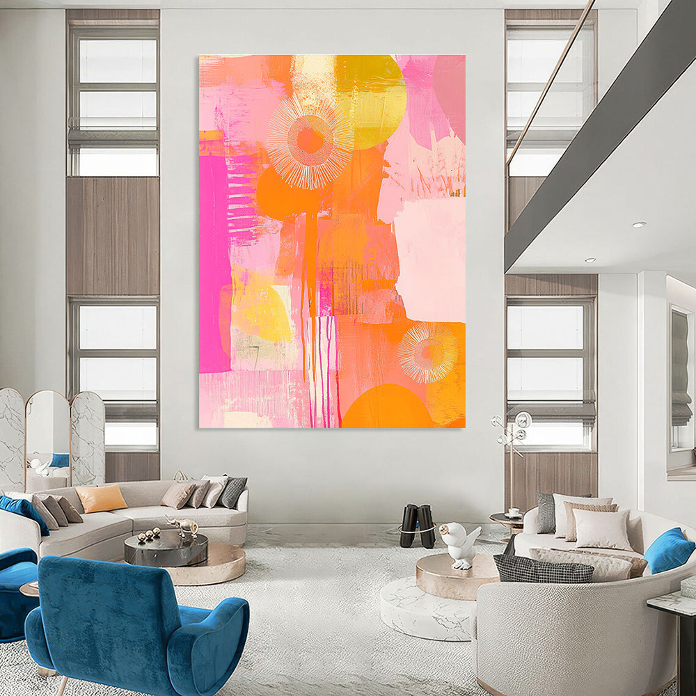 A large abstract painting featuring peach and pink tones with circles flowers and patterns radiating happy vibes in soft brush strokes.STSC1408