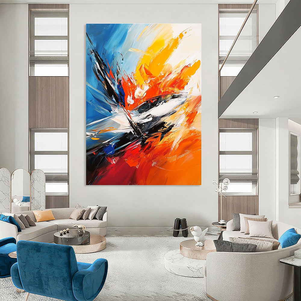 Large abstract painting featuring the F-20 fighter jet in a vibrant action scene with chaotic brush strokes and dynamic colors.STSC703